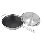 18/10 Stainless Steel 34cm Frying Pan Textured Non Stick Interior with Helper Handle and Lid