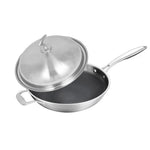 18/10 Stainless Steel 34cm Frying Pan Textured Non Stick Interior with Helper Handle and Lid